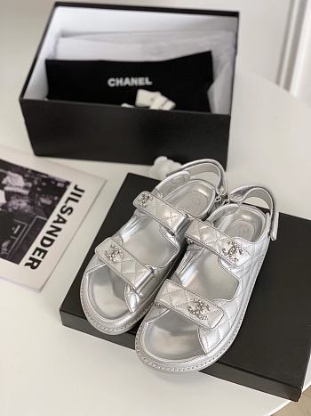 Chanel 21C Dad Sandal Silver Caviar Gold CC Logo