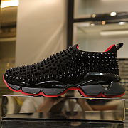 Christian Louboutin Black Spike Sock Leather Sneakers Black Red - 3