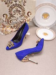 Versace La Medusa Attaching Gems Leather Pumps Blue - 2