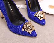 Versace La Medusa Attaching Gems Leather Pumps Blue - 5