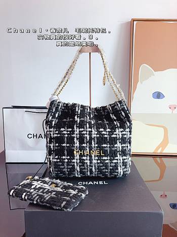 Chanel Lambskin Tweed Tote Bag Black White 29CM