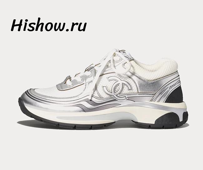 Chanel Fabric & Laminated White & Silver Low Top Sneakers - 1