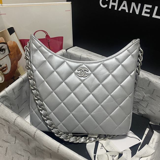 Chanel Hobo Calfskin Leather Grey Size 23CM - 1