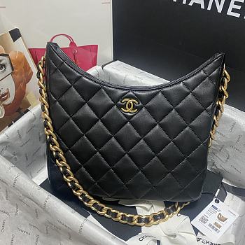 Chanel Hobo Calfskin Leather Black Gold Size 23CM