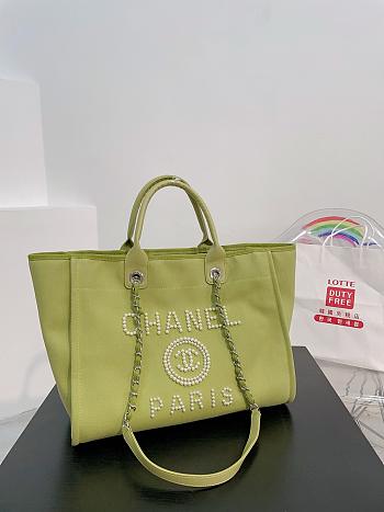 Chanel Deauville Line Canvas Tote Bag Green 38x29x20cm