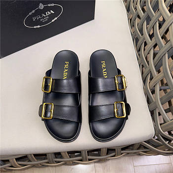 Prada Triangle-logo Leather Slides Black Gold