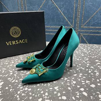 Versace Pointed Toe Jade Green Lacquer Leather Pumps