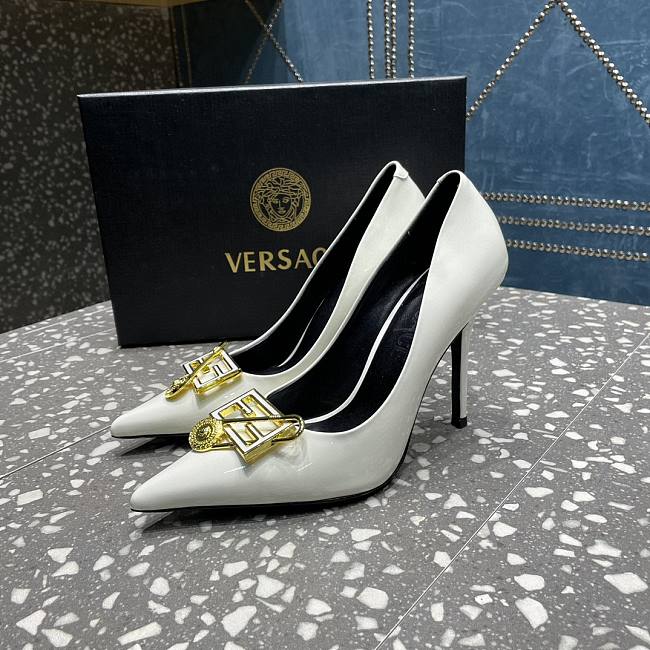 Versace Pointed Toe White Lacquer Leather Pumps - 1
