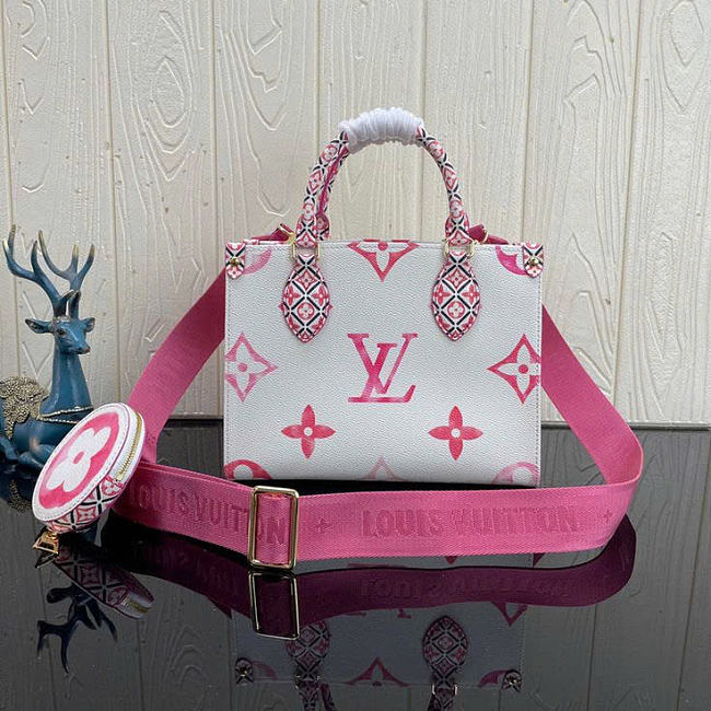 LV On The Go PM Tote Bag Pink White Size 25x19x11cm - 1