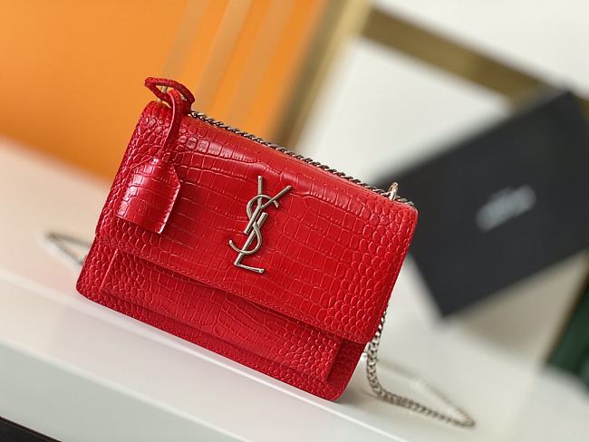 YSL Embossed Sunset Crossbody Red Size 22×8×16cm - 1