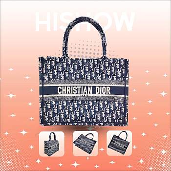 Dior Book Tote Small Blue Oblique Embroidery 36x28x17cm
