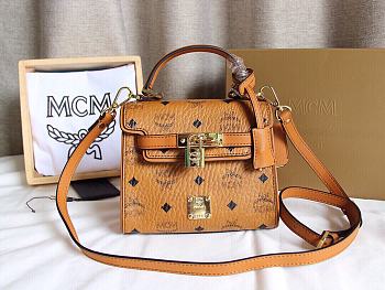 MCM Heritage Satchel In Visetos Brown Size 18x9x14CM