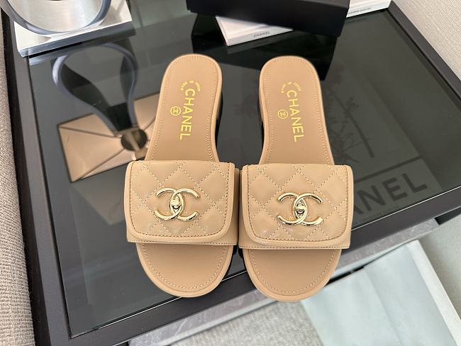 Chanel Beige CC Logo Turnlock Mules Slides - 1