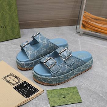 Gucci Strap Slide Sandal Blue Canvas