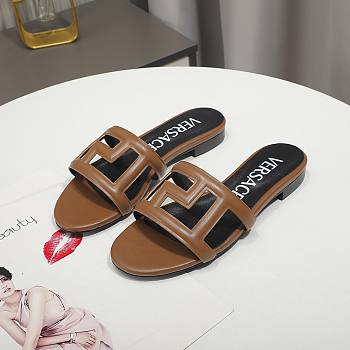 Versace Brown Greca Maze Calfskin Flat Slide