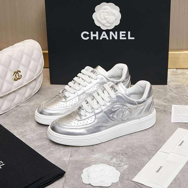 Chanel CC Logo Silver Low Top Sneakers - 1