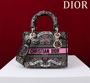 Dior Lady D-Lite Bag in Black Pink Toile De Jouy 36x27x16CM