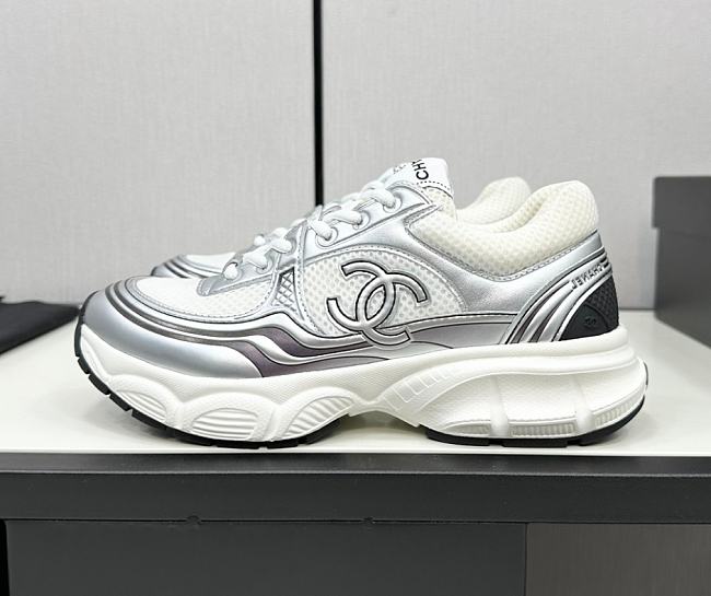 Chanel Fabric & Laminated White & Silver Sneakers - 1