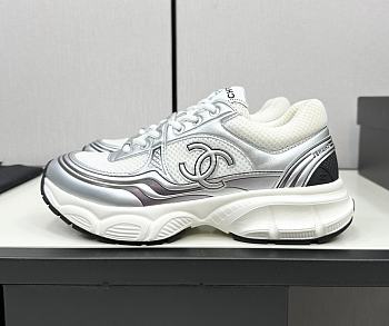 Chanel Fabric & Laminated White & Silver Sneakers