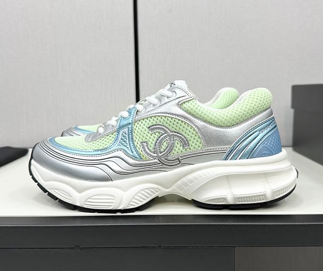 Chanel Fabric & Laminated Green & Silver Sneakers - 1