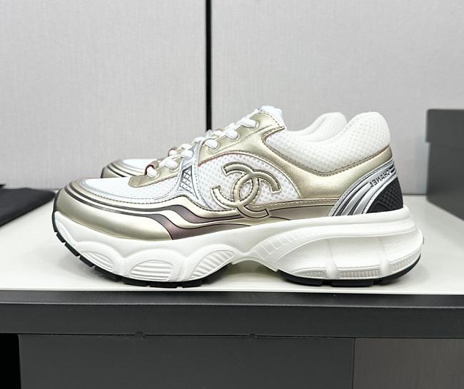 Chanel Fabric & Laminated White & Gold Sneakers - 1