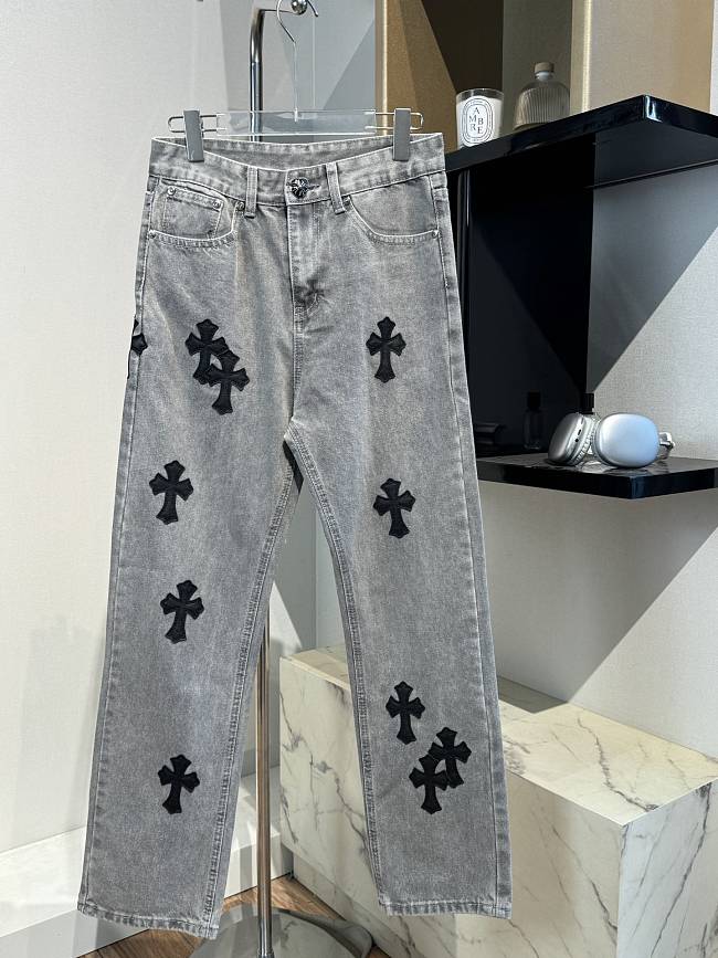 Chrome Heart Jeans Gray with Black cross patch - 1