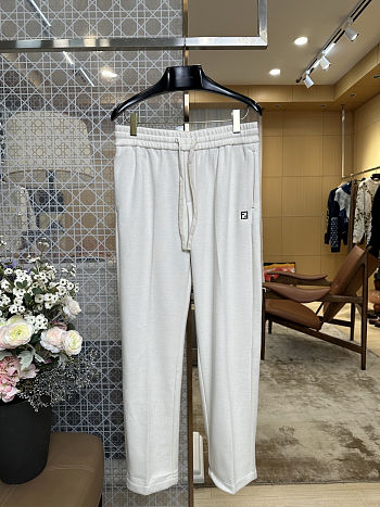 FENDI Embroidered F-Shaped Drawstring Straight-Leg Casual Pants off-white apricot